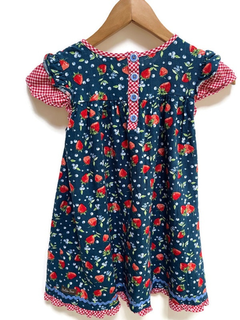 Girls Strawberry Print Linen Blend Summer Dress w/ Red Gingham Trim, Cottagecore